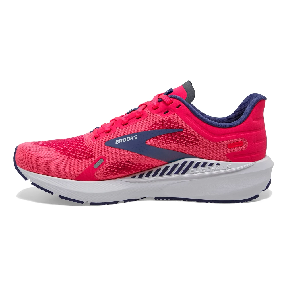 Women's Brooks Launch GTS 9. Pink upper. White midsole. Medial view.