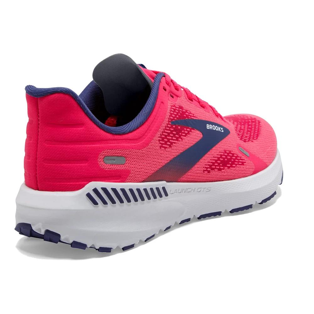 Women's Brooks Launch GTS 9. Pink upper. White midsole. Rear/Lateral view.