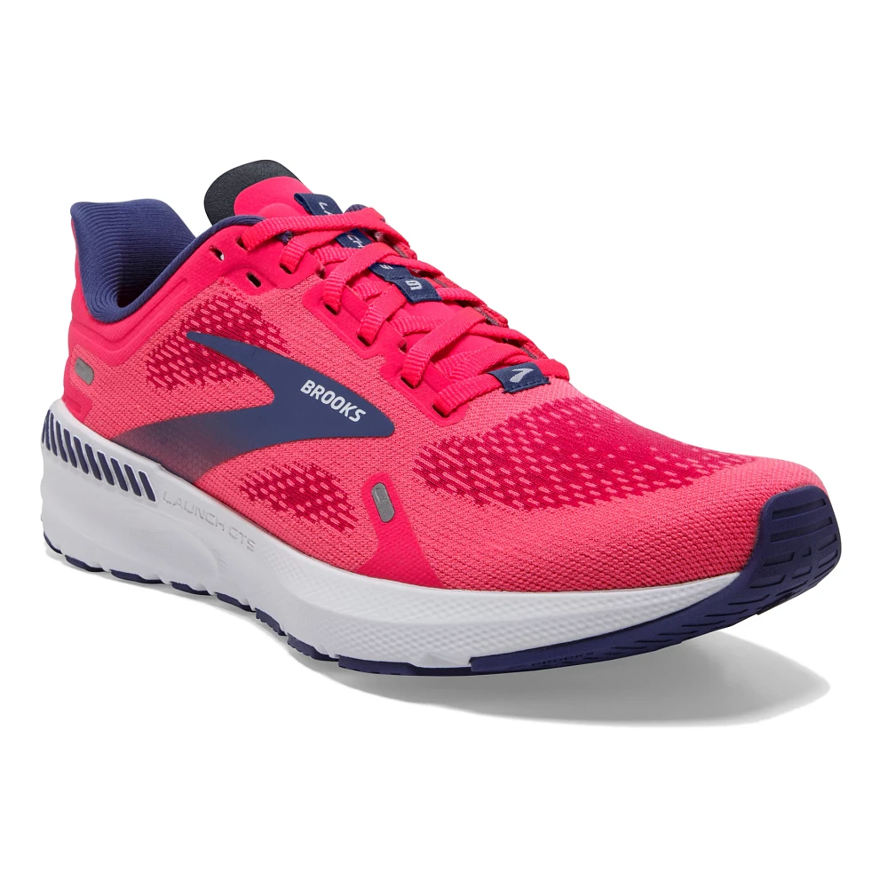 Women's Brooks Launch GTS 9. Pink upper. White midsole. Front/Lateral view.