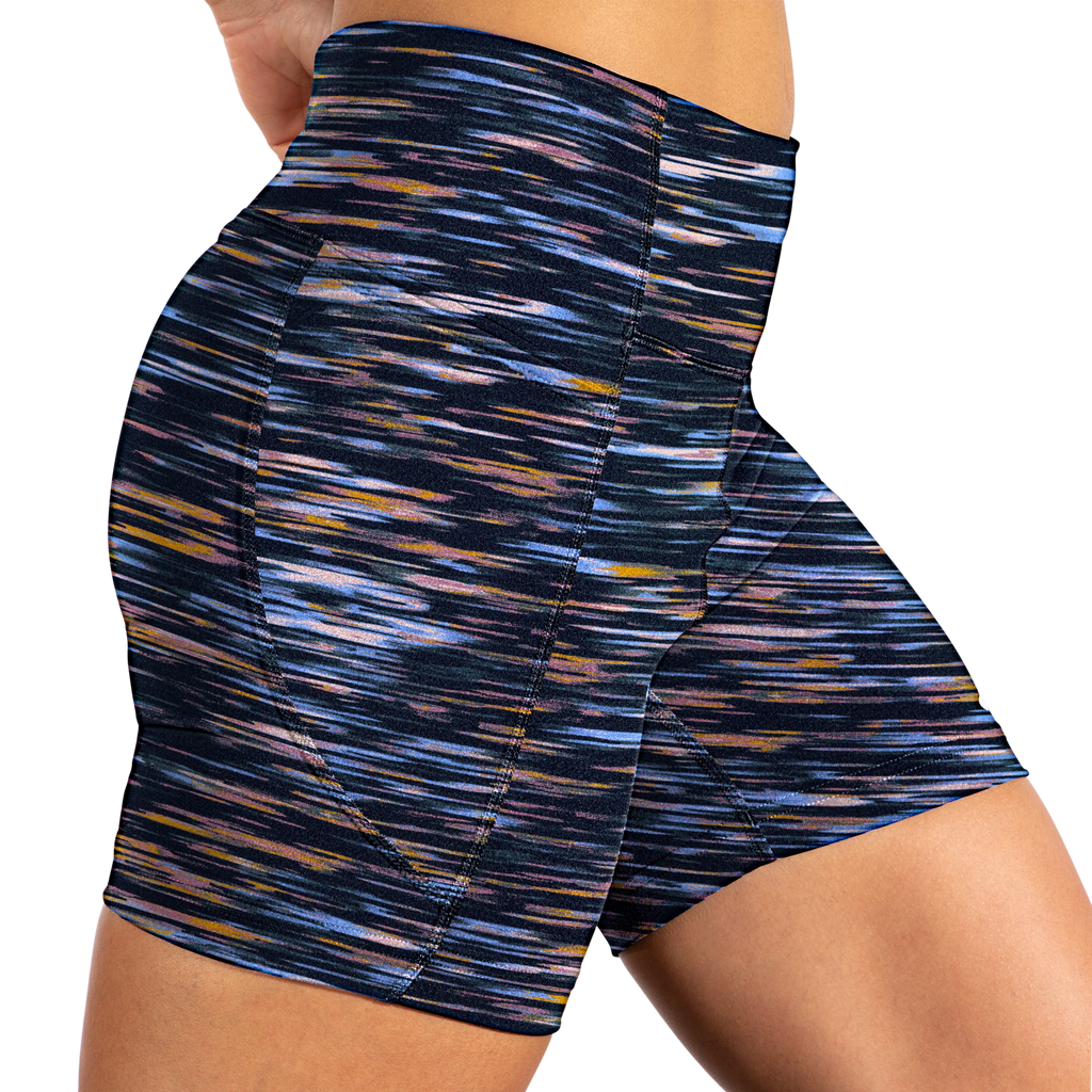 Women's Brooks Moment 5" Short Tights. Multicolored print. Lateral view.
