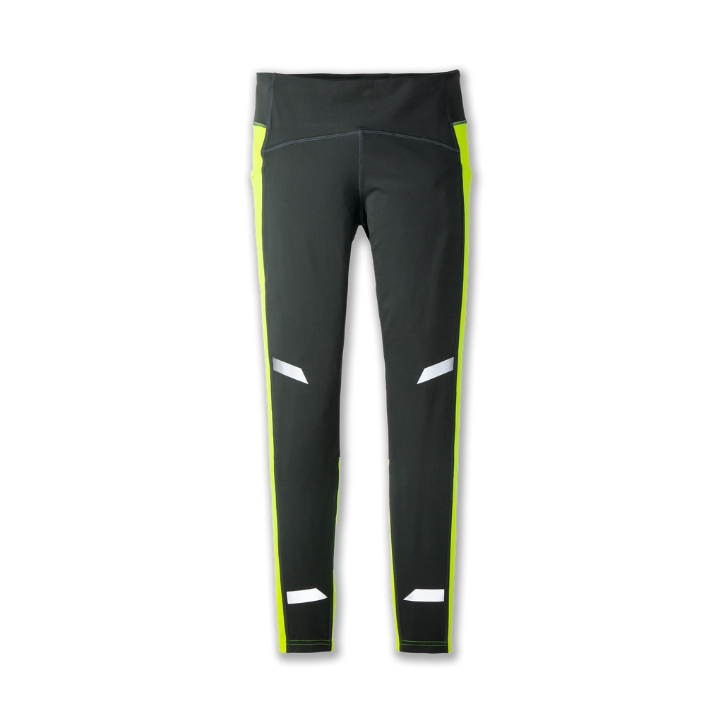 Women's Brooks Run Visible Thermal Tights. Dark Grey/Yellow. Front view.