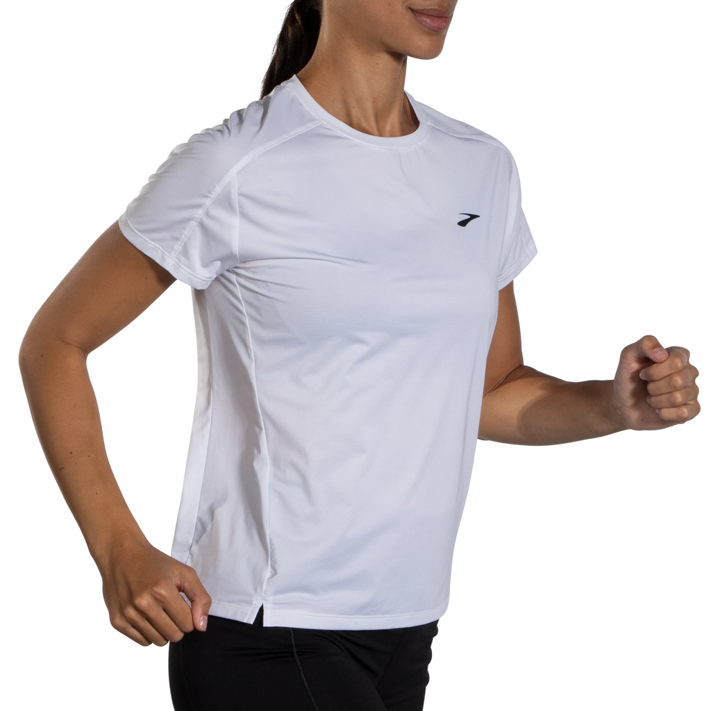 Women's Brooks Sprint Free Short Sleeve 2.0. White. Front/Lateral view.