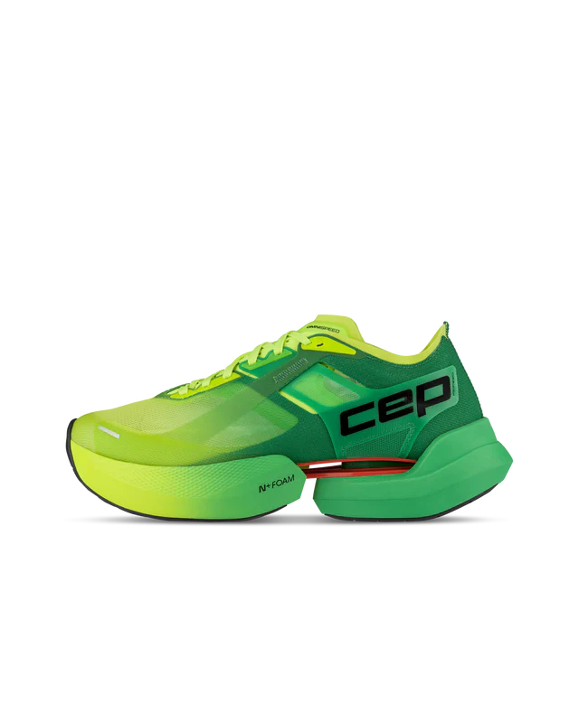 Women's CEP Pro Run Omnispeed. Green/Yellow upper. Green/Yellow midsole. Lateral view.