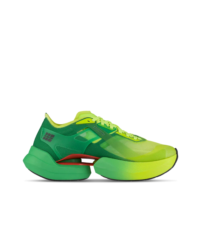 Women's CEP Pro Run Omnispeed. Green/Yellow upper. Green/Yellow midsole. Medial view.