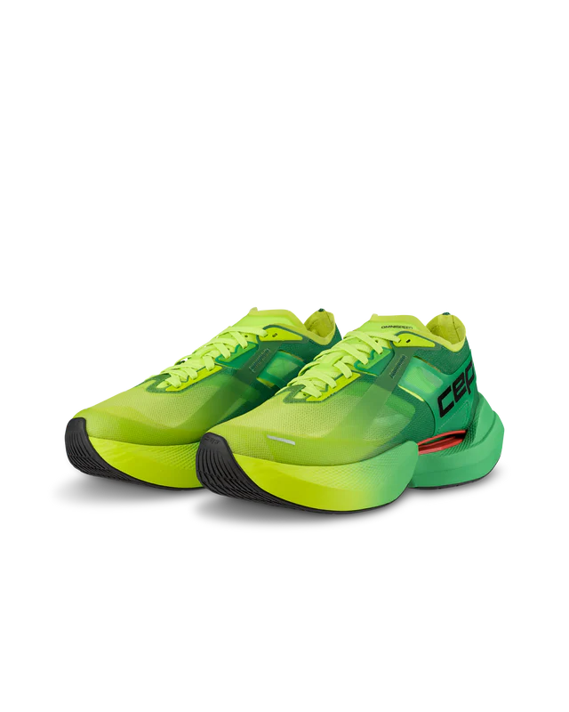 Women's CEP Pro Run Omnispeed. Green/Yellow upper. Green/Yellow midsole. Lateral view.