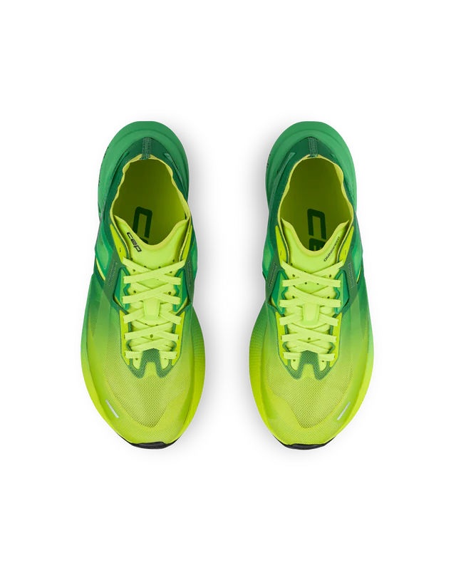 Women's CEP Pro Run Omnispeed. Green/Yellow upper. Green/Yellow midsole. Top view.