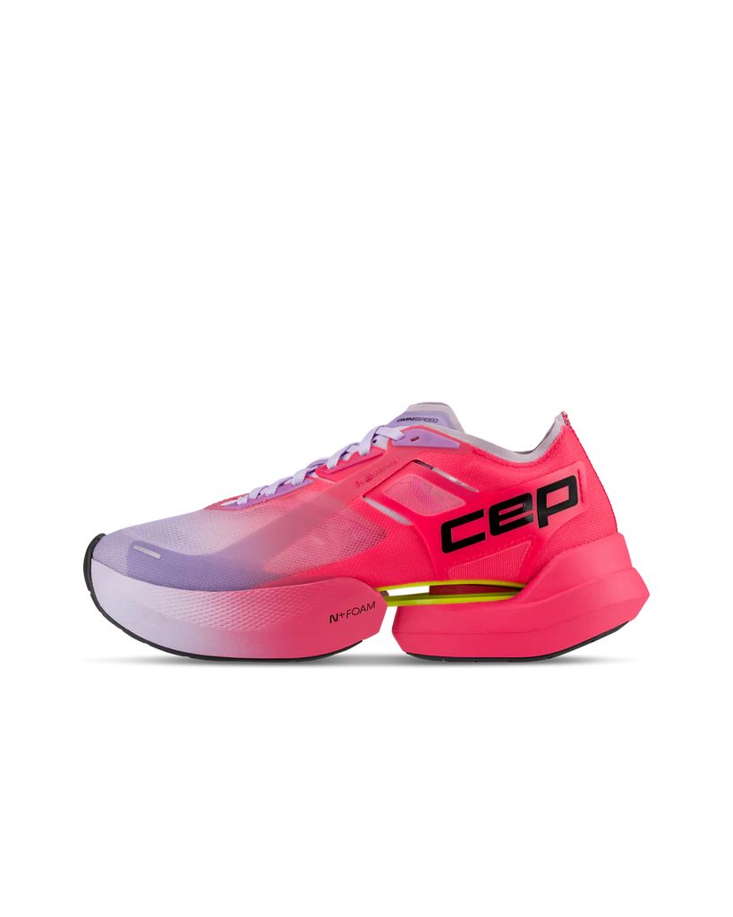 Women's CEP Pro Run Omnispeed. Pink/Purple upper. Pink/Purple midsole. Lateral view.