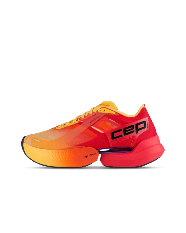 Women's CEP Pro Run Omnispeed. Red/Orange upper. Red/Orange midsole. Lateral view.