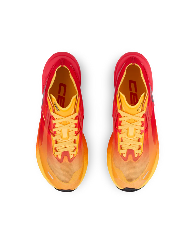 Women's CEP Pro Run Omnispeed. Red/Orange upper. Red/Orange midsole. Top view.
