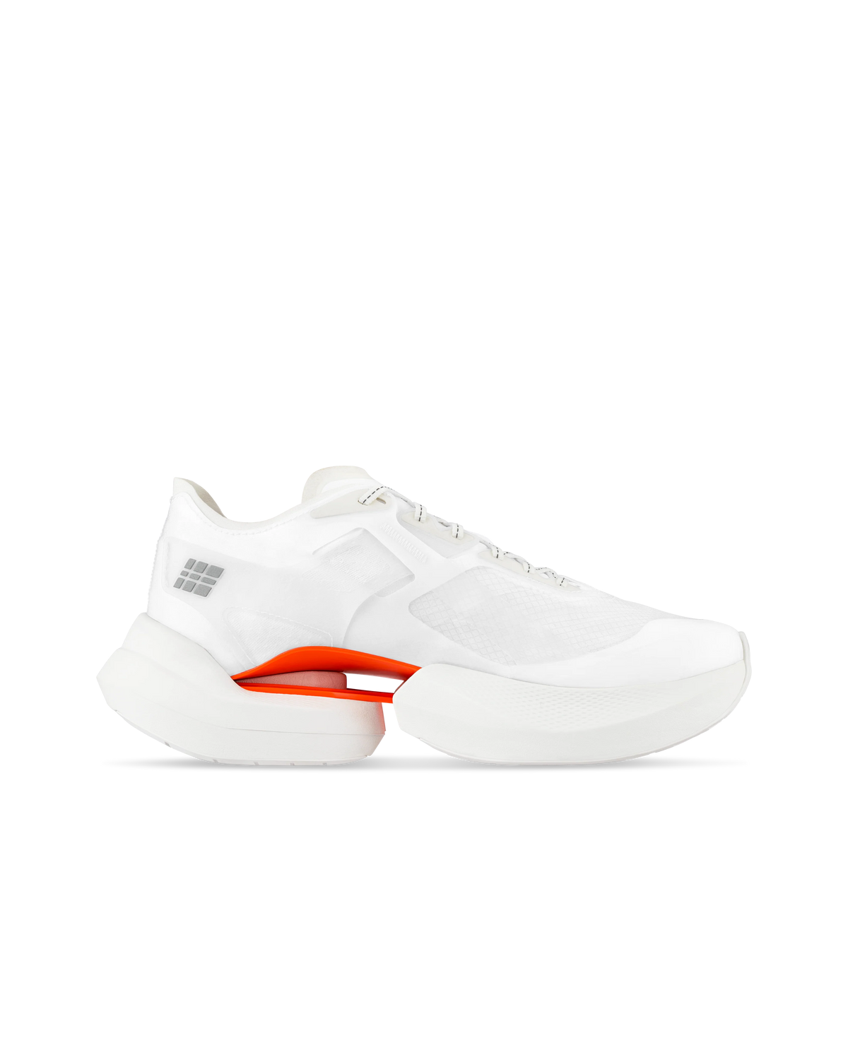 Women's CEP Optaspeed. White upper. White midsole. Medial view.