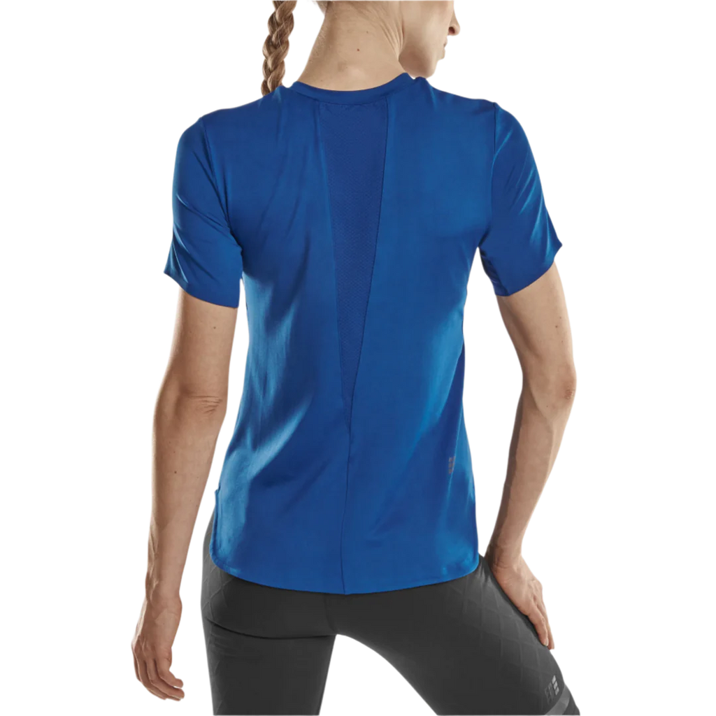 CEP Run Shirt 4.0 Short Sleeve Women's. Blue. Back view on model. 