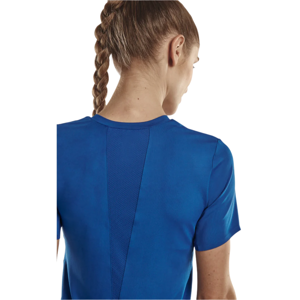 CEP Run Shirt 4.0 Short Sleeve Women's. Blue. Back view on model. 