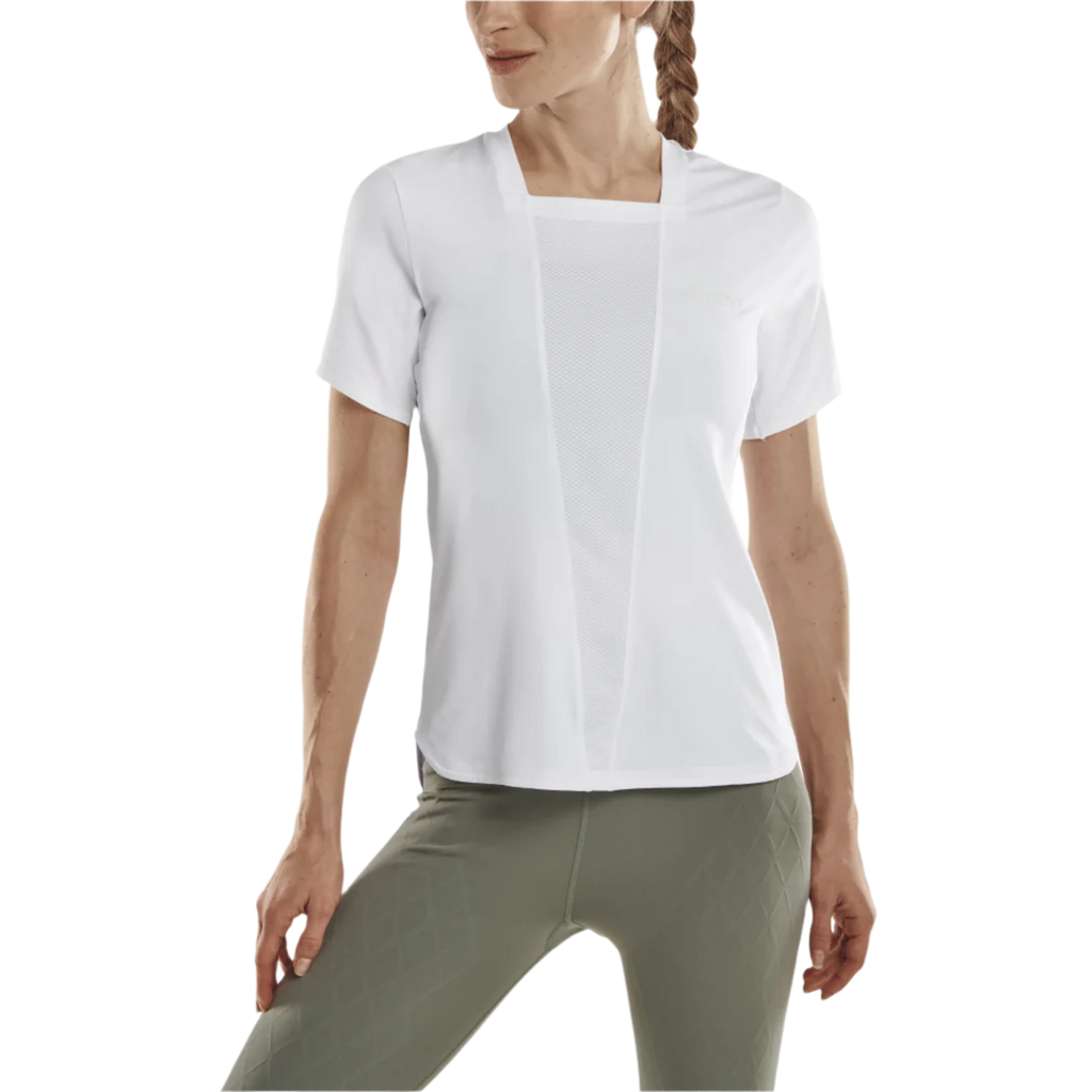 CEP Run Shirt 4.0 Short Sleeve Women's. White. Front view on model.