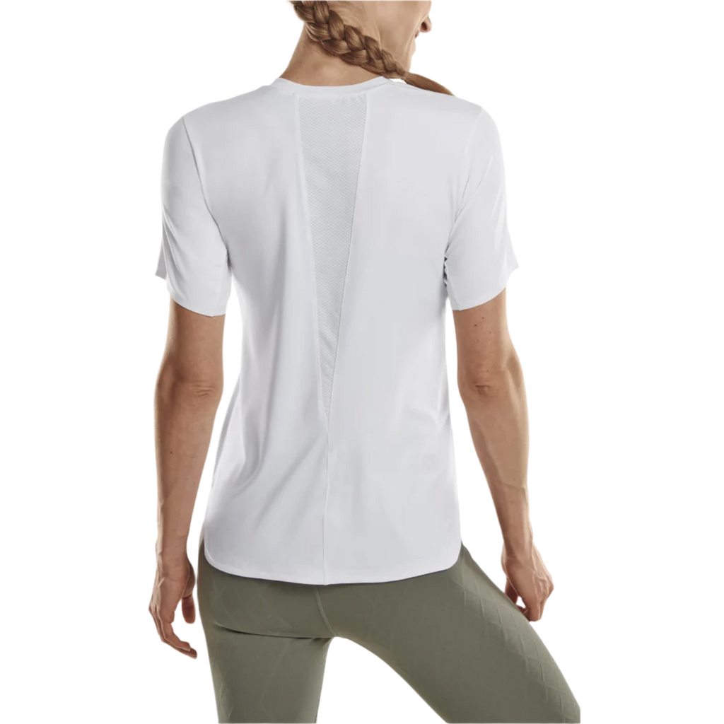 CEP Run Shirt 4.0 Short Sleeve Women's. White. Back view on model.