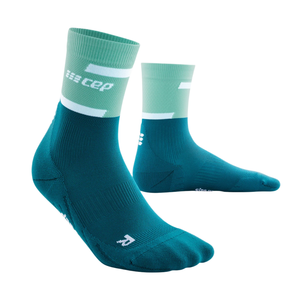 Women's CEP The Run 4.0 Compression Mid Socks. Blue/Green. Lateral view.