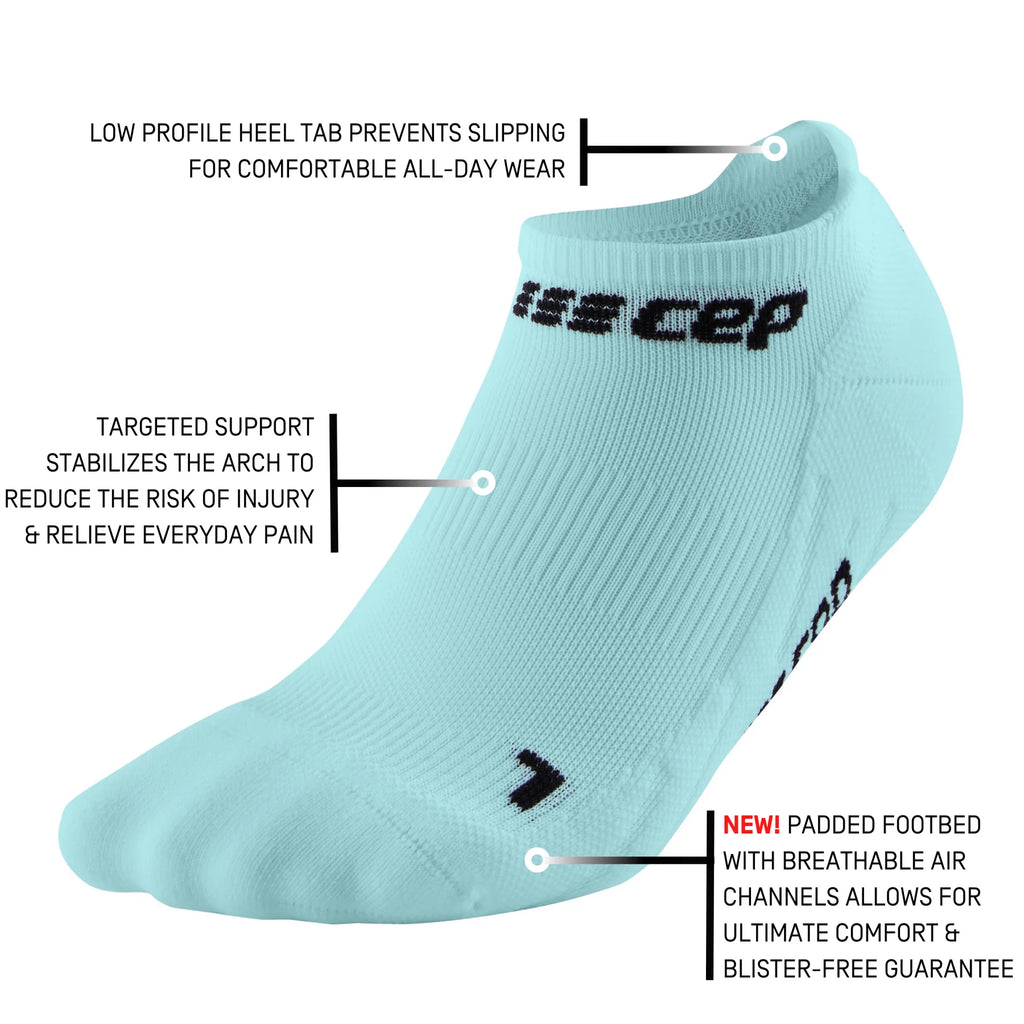 Women's CEP The Run Sock 4.0 No Show. Light Blue. Tech sheet.
