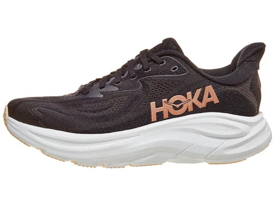 Women's Hoka Clifton 10. Black upper. White midsole. Lateral view.