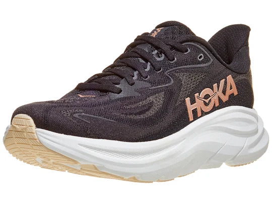 Women's Hoka Clifton 10. Black upper. White midsole. Lateral view.