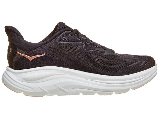 Women's Hoka Clifton 10. Black upper. White midsole. Medial view.
