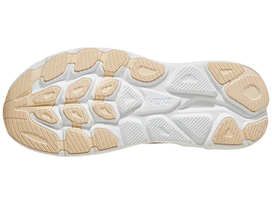 Women's Hoka Clifton 10. Black upper. White midsole. Bottom view.