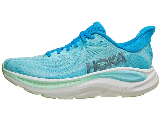 Women's Hoka Clifton 10. Light Blue upper. White midsole. Lateral view.