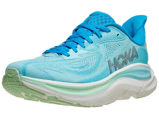 Women's Hoka Clifton 10. Light Blue upper. White midsole. Lateral view.