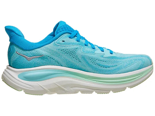Women's Hoka Clifton 10. Light Blue upper. White midsole. Medial view.