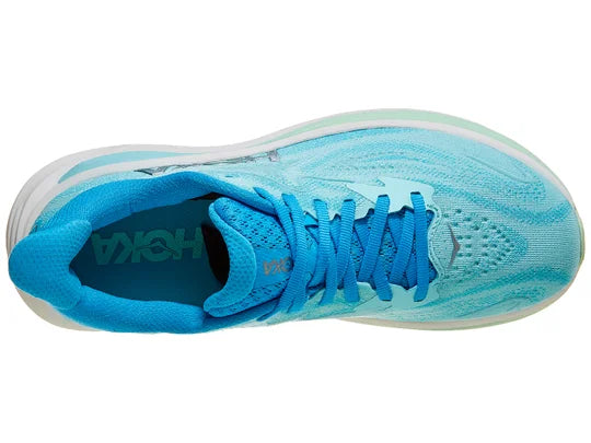 Women's Hoka Clifton 10. Light Blue upper. White midsole. Top view.