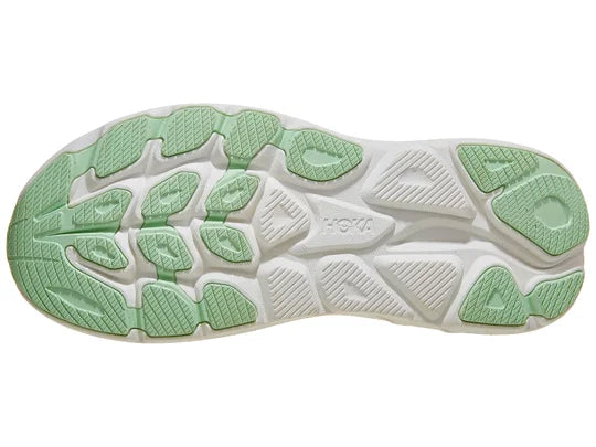 Women's Hoka Clifton 10. Light Blue upper. White midsole. Bottom view.