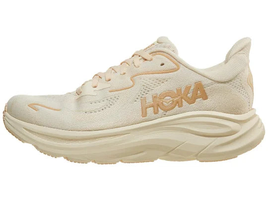 Women's Hoka Clifton 10. Vanilla upper. Vanilla midsole. Lateral view.