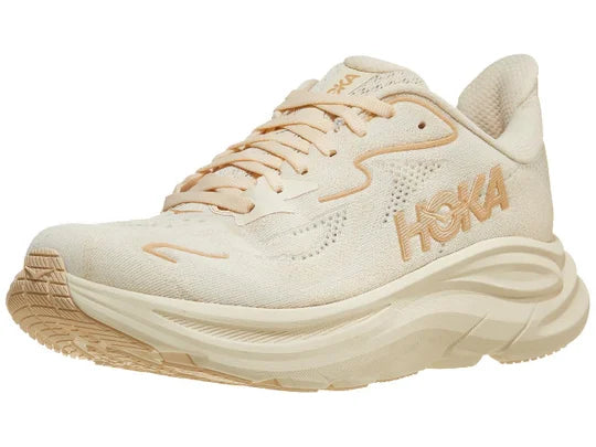 Women's Hoka Clifton 10. Vanilla upper. Vanilla midsole. Lateral view.