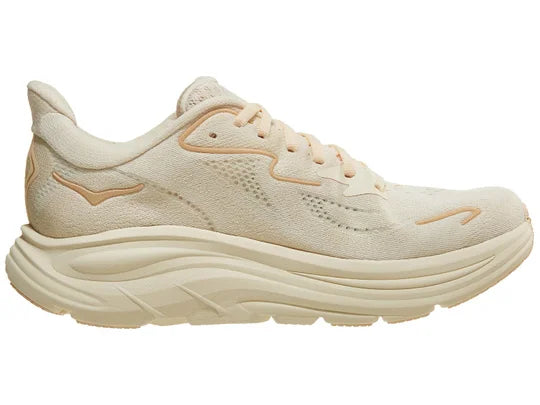 Women's Hoka Clifton 10. Vanilla upper. Vanilla midsole. Medial view.
