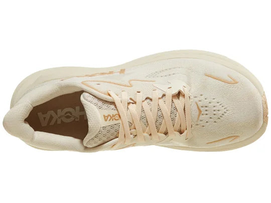 Women's Hoka Clifton 10. Vanilla upper. Vanilla midsole. Top view.