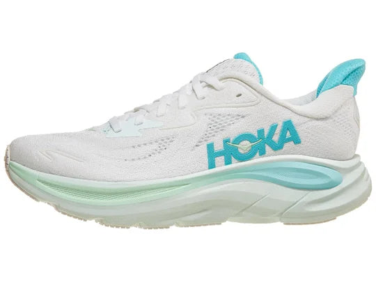 Women's Hoka Clifton 10. White upper. White midsole. Lateral view.