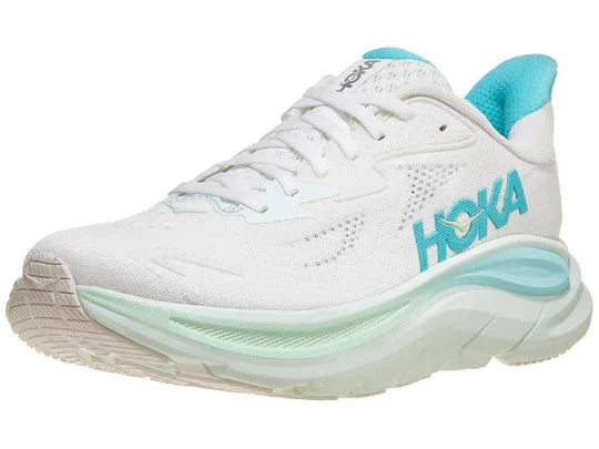 Women's Hoka Clifton 10. White upper. White midsole. Lateral view.