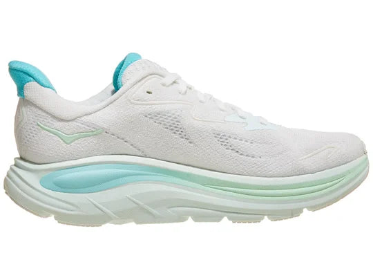 Women's Hoka Clifton 10. White upper. White midsole. Medial view.