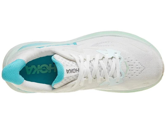 Women's Hoka Clifton 10. White upper. White midsole. Top view.