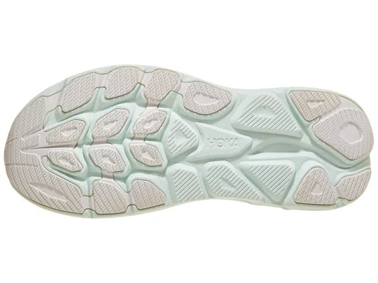 Women's Hoka Clifton 10. White upper. White midsole. Bottom view.