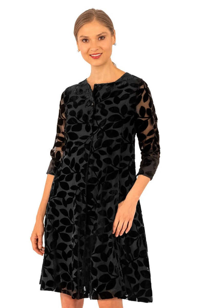 Women's Gretchen Scott Luxe Leaf Velvet Swing Dress. Black colorway. Front view.