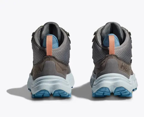 Women's Hoka Anacapa 2 MID GTX. Grey upper. Grey midsole. Bottom view.