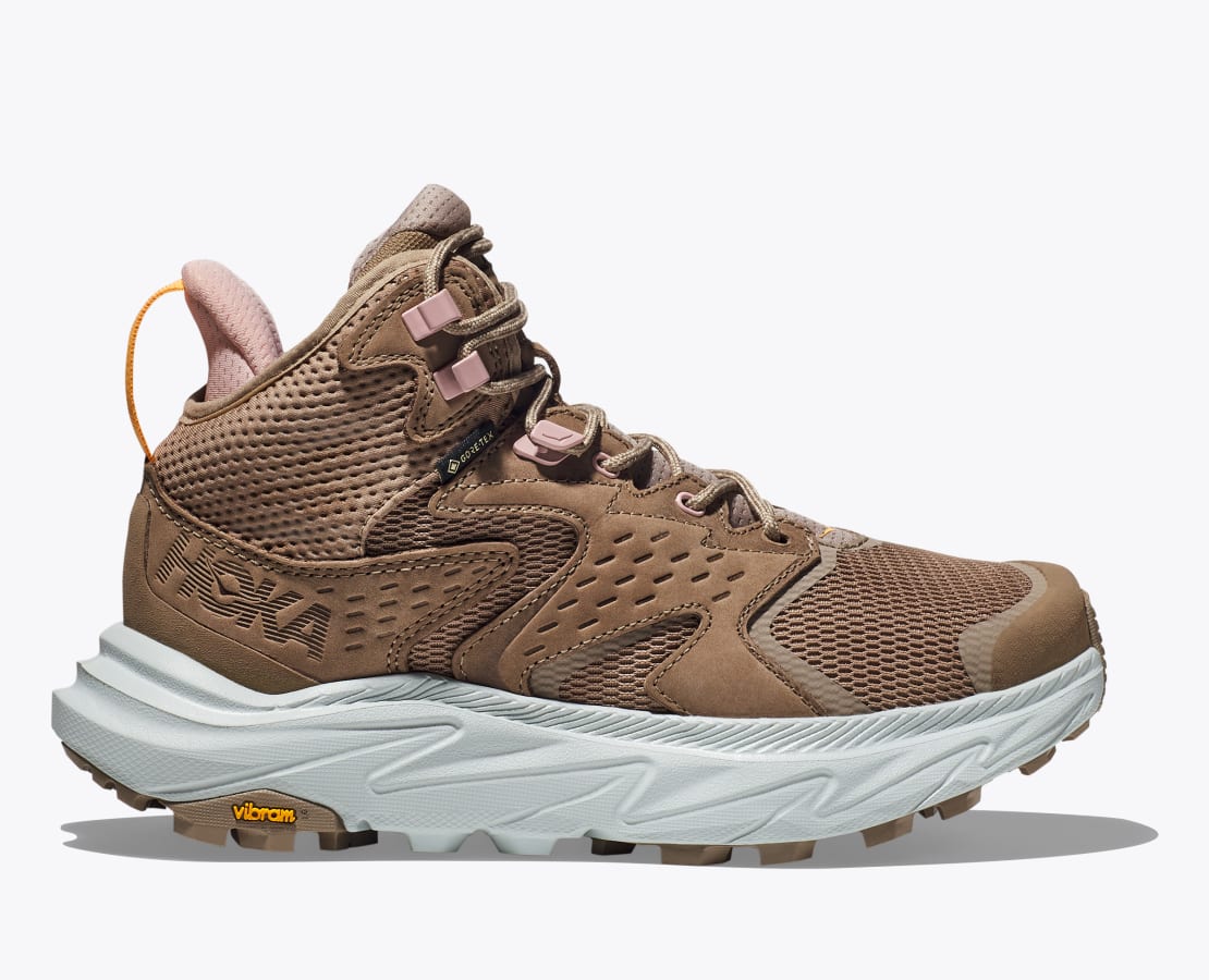 Women's Hoka Anacapa 2 Mid GTX. Brown upper. White midsole. Lateral view.