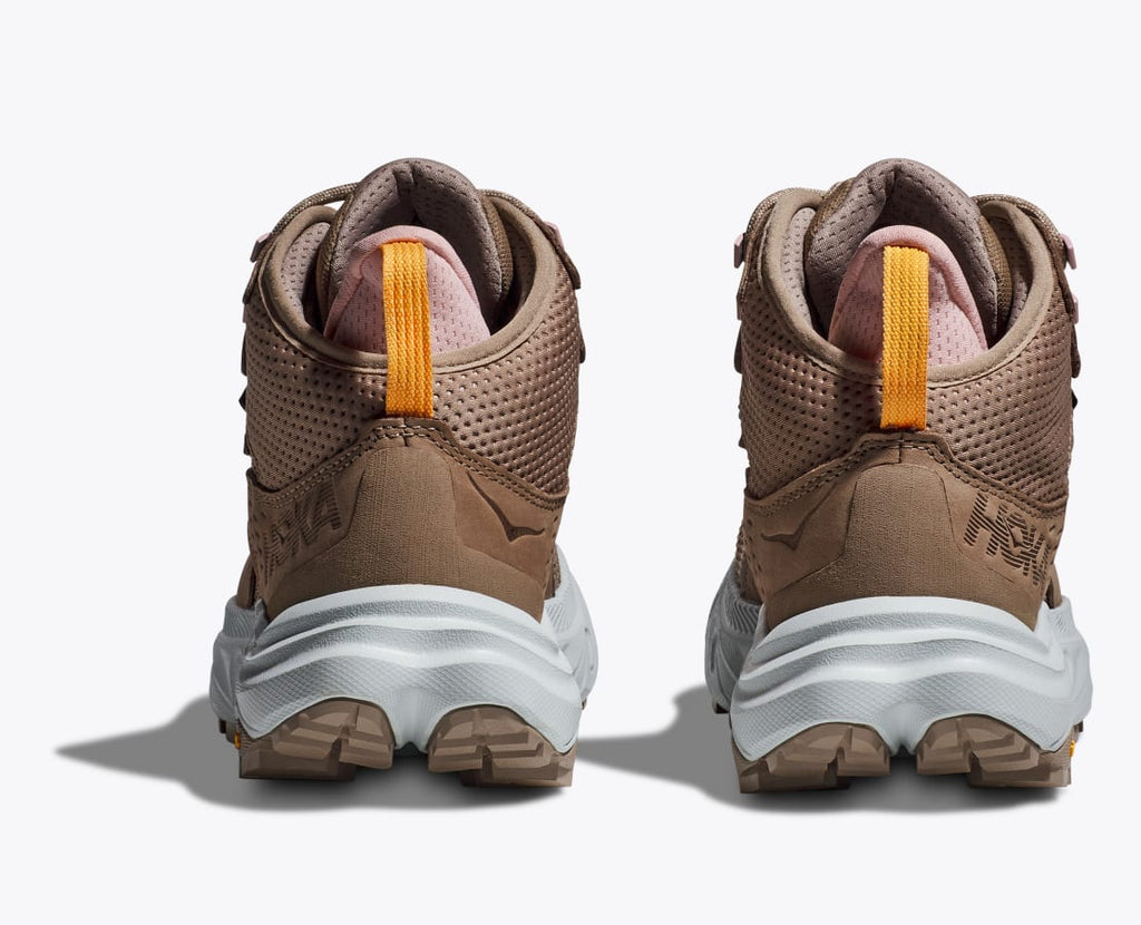 Women's Hoka Anacapa 2 Mid GTX. Brown upper. White midsole. Rear view.