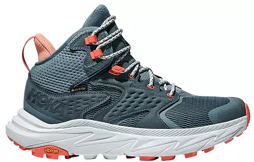 Women's Hoka Anacapa 2 MID GTX. Blue/Grey upper. Grey midsole. Lateral view.