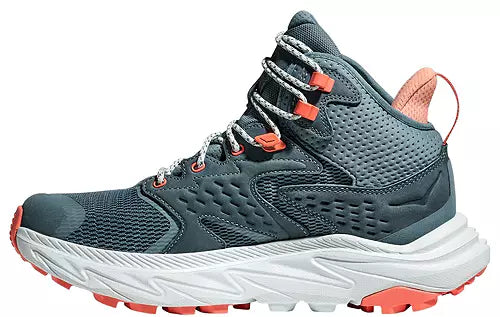 Women's Hoka Anacapa 2 MID GTX. Blue/Grey upper. Grey midsole. Medial view.