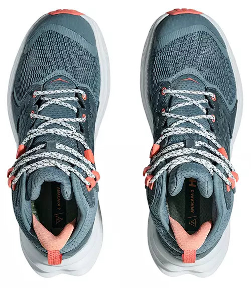 Women's Hoka Anacapa 2 MID GTX. Blue/Grey upper. Grey midsole. Top view.