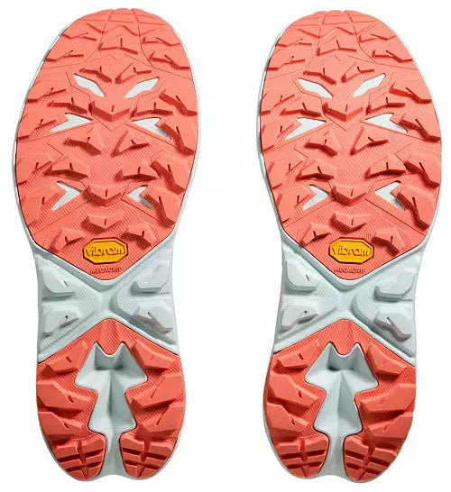 Women's Hoka Anacapa 2 MID GTX. Grey midsole. Grey/Orange outsole. Bottom view.