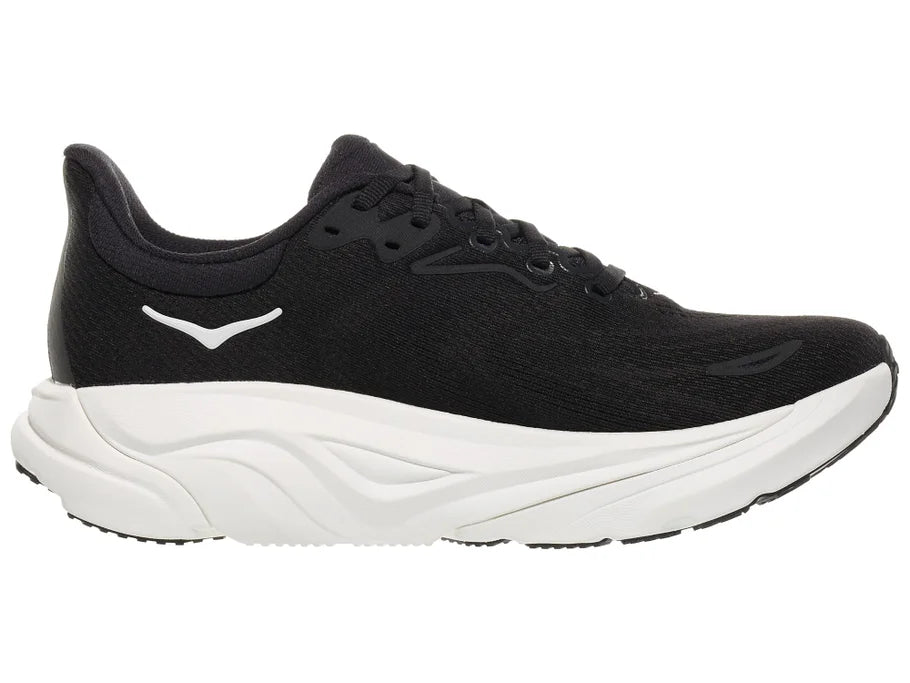 Women's Hoka Arahi 8. Black upper. White midsole. Medial view.