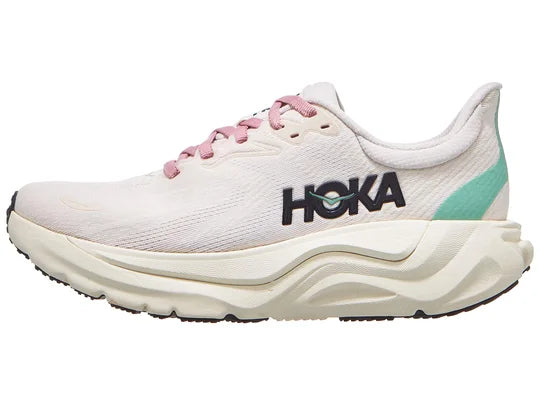 Women's Hoka Arahi 8. White upper. Off White midsole. Lateral view.
