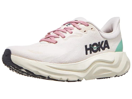 Women's Hoka Arahi 8. White upper. Off White midsole. Lateral view.