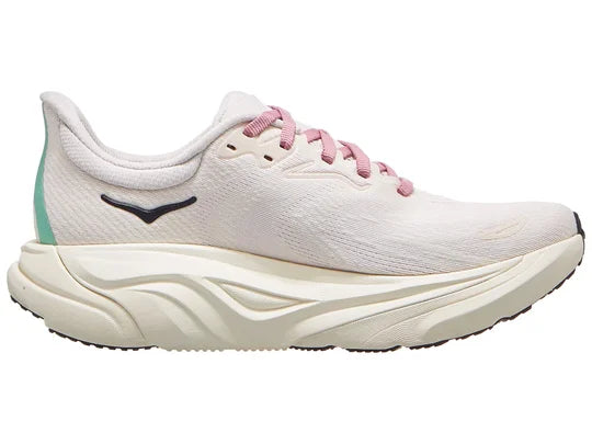 Women's Hoka Arahi 8. White upper. Off White midsole. Medial view.